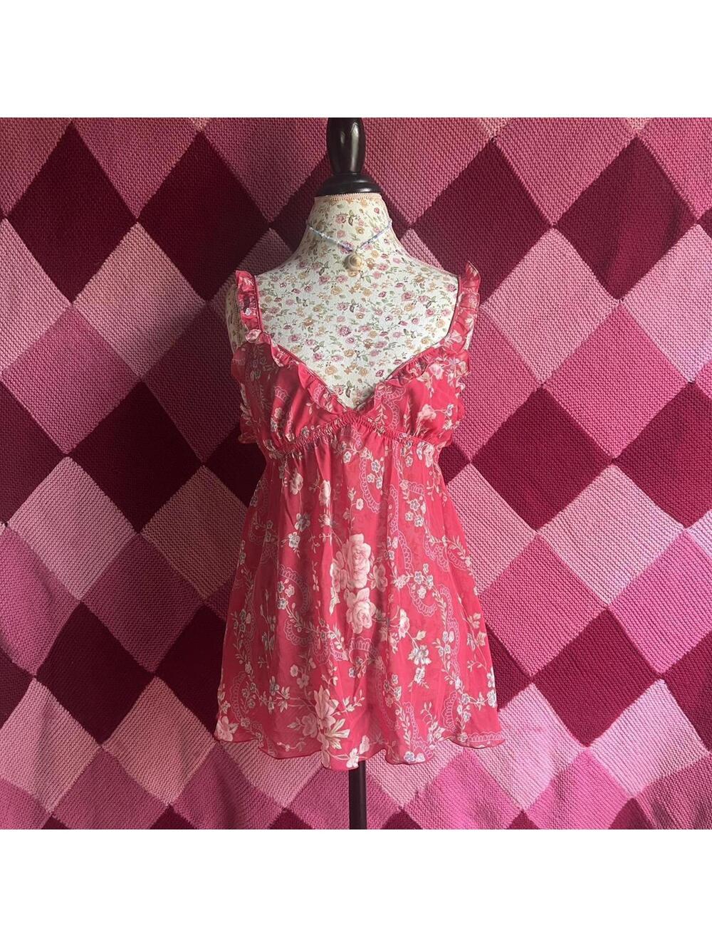 Vintage y2k pink floral ruffle babydoll top/dress